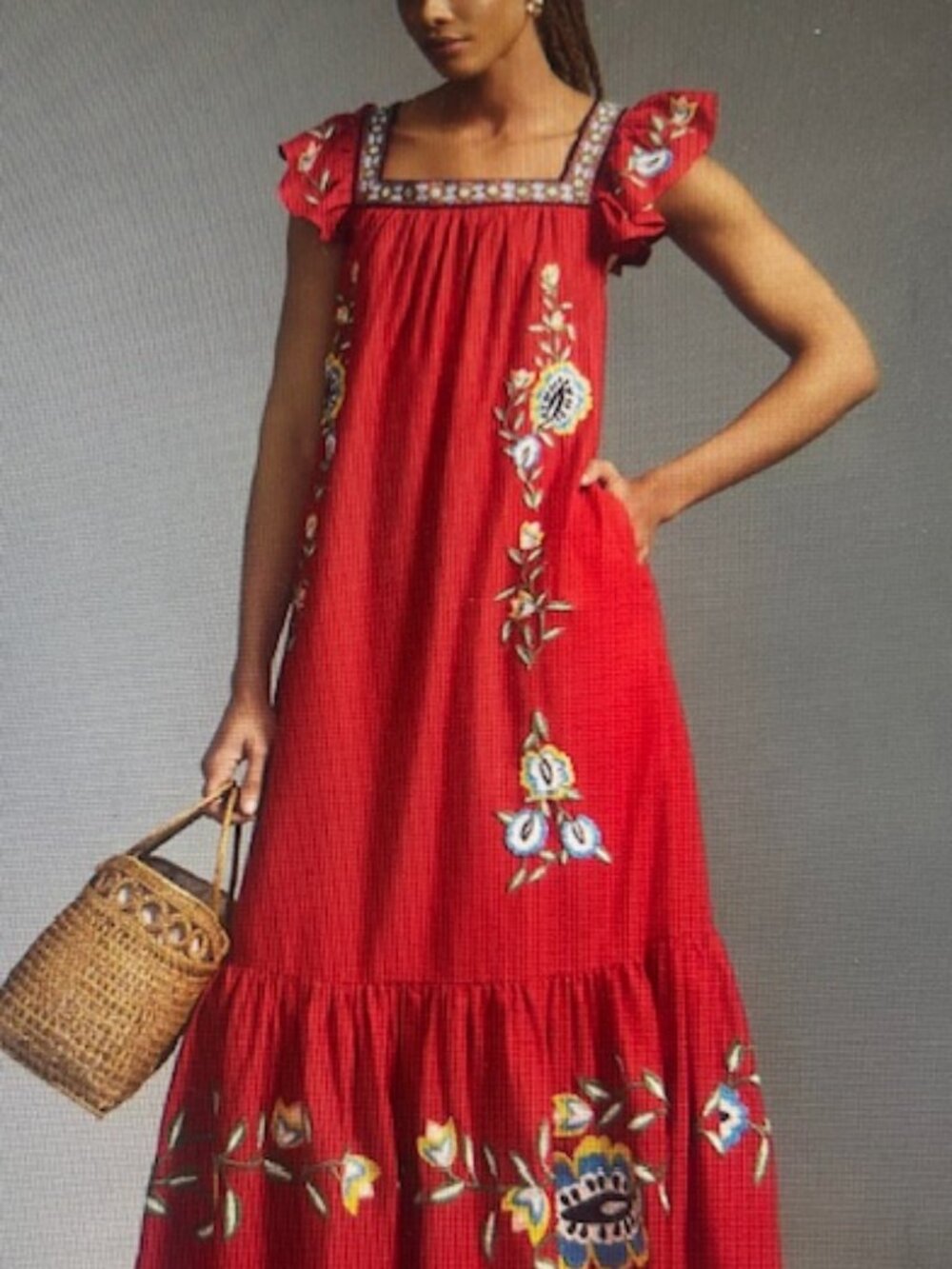 Anthropologie x Farm Rio Embroidered Cherry Red Square Neck Ruffle Maxi Dress